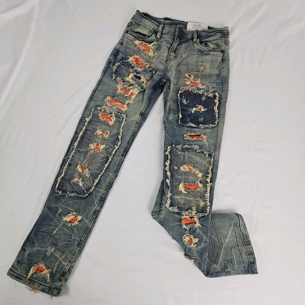 Evolution In Design Stacked Distressed Patchwork Jeans Girls Size 14 Orange Fall